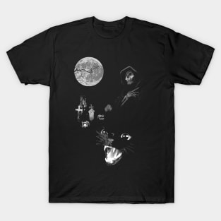 Spooky Moon Halloween Cemetery with Black Cat, Tombstones and Grim Reaper T-Shirt